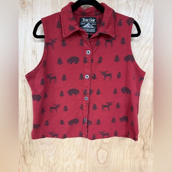 True Grit Red and Black Button Down Shirt with Woodland Print cotton made USA - Picture 1 of 6
